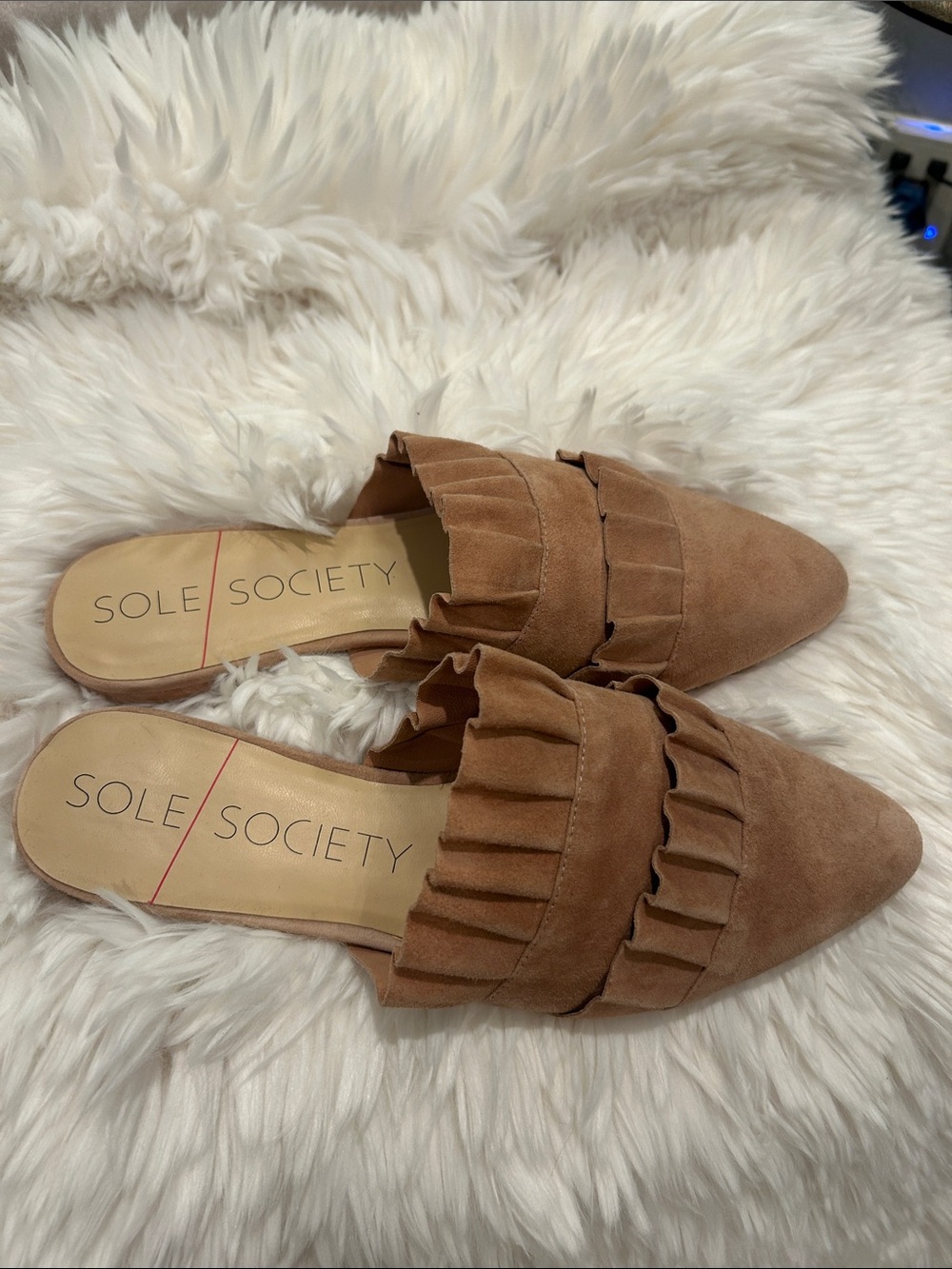 Sole Society Tan Ruffle Suede Slip-On Mules